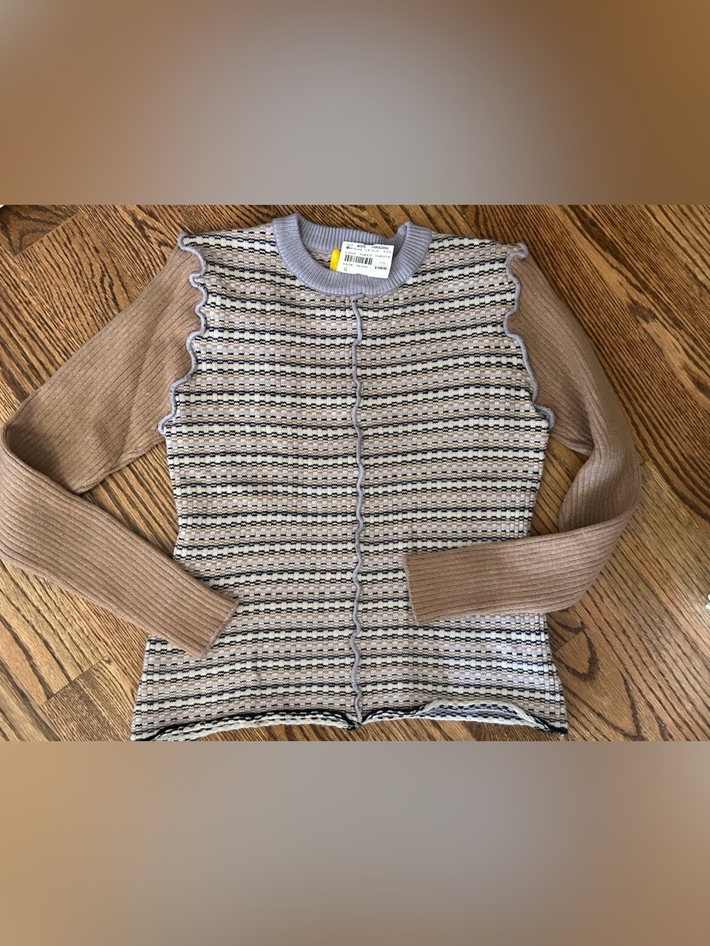 Women’s Striped Ruffle-Trim Sweater in Beige and Lavender